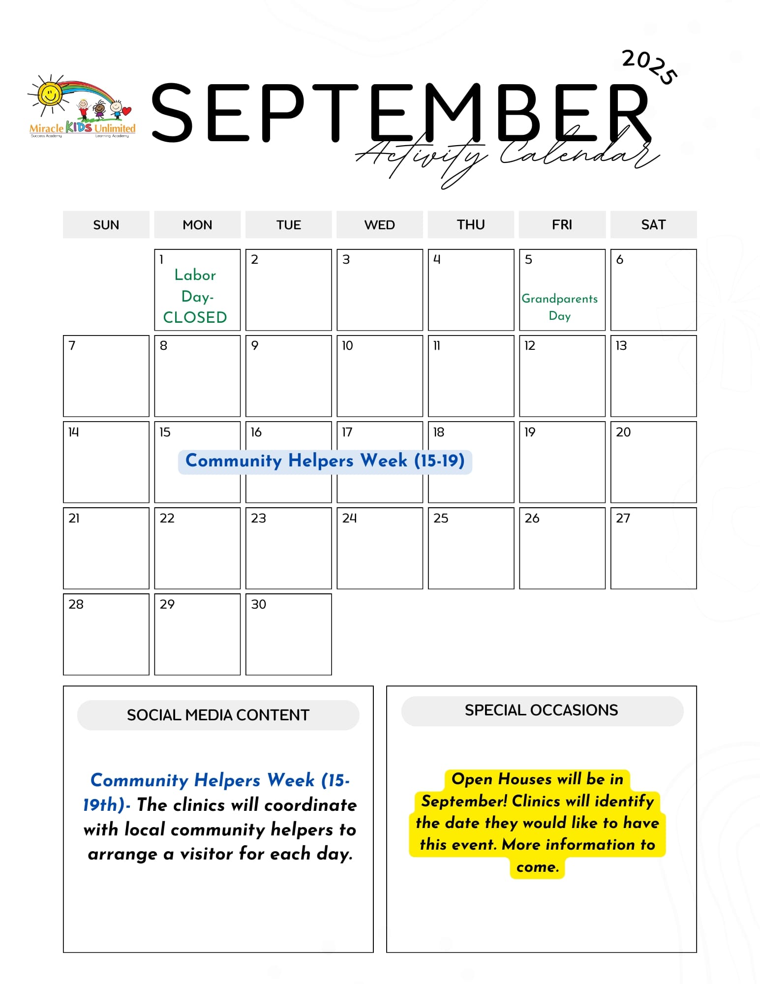 September Activity Calendar