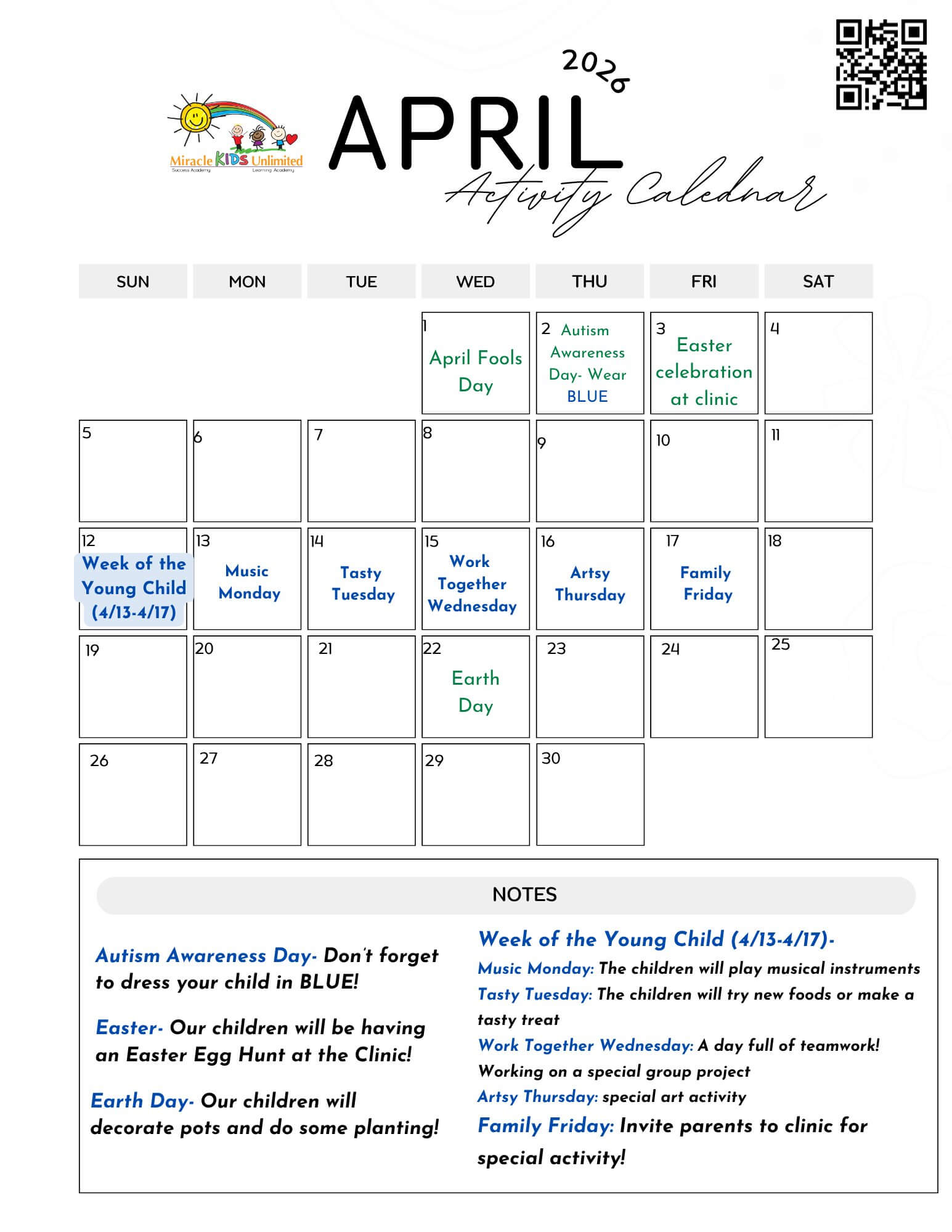 April Activity Calendar