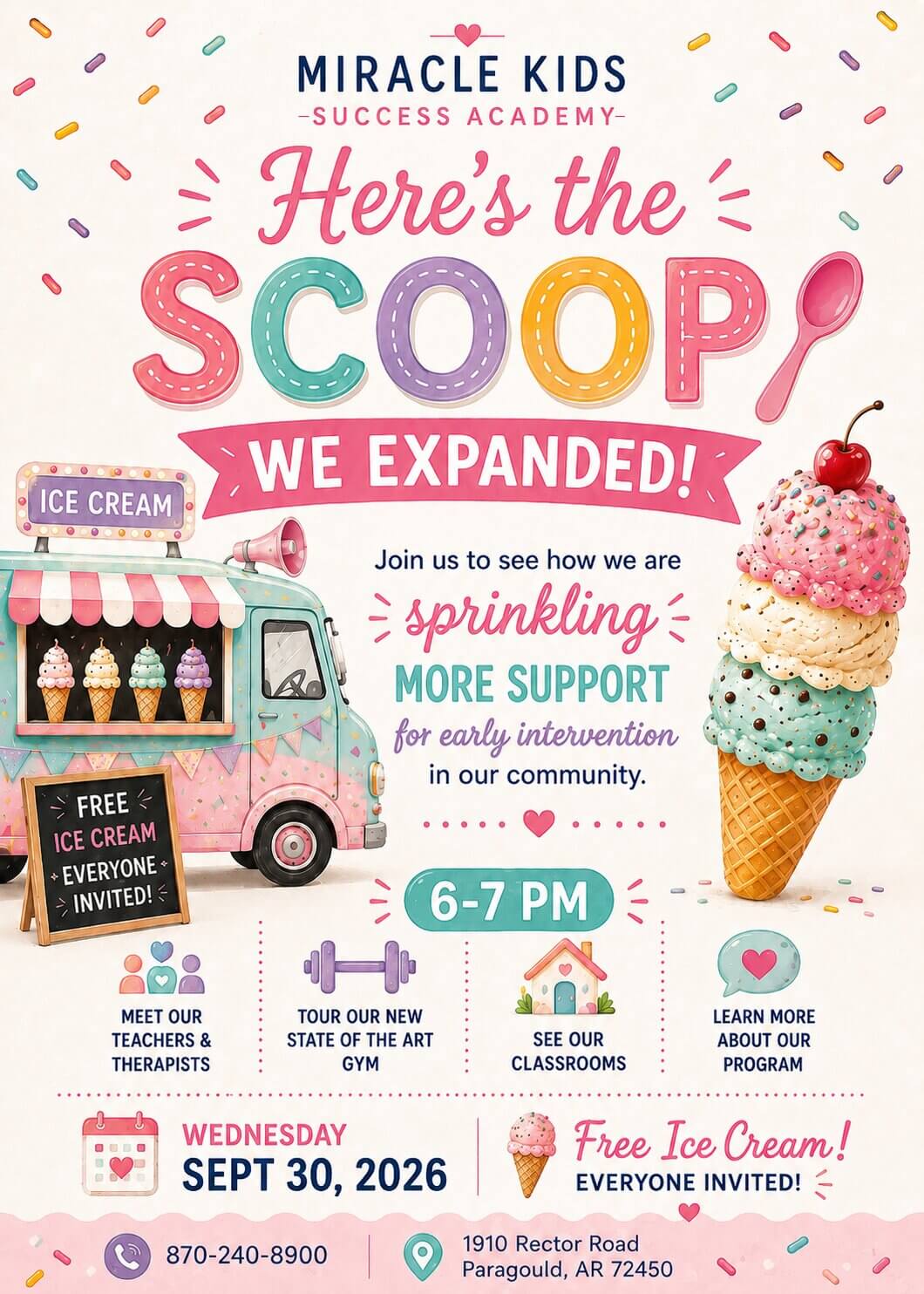 Miracle Kids Success Academy expansion event with free ice cream in Paragould, Arkansas on September 30, 2026 from 6:00 PM to 7:00 PM.